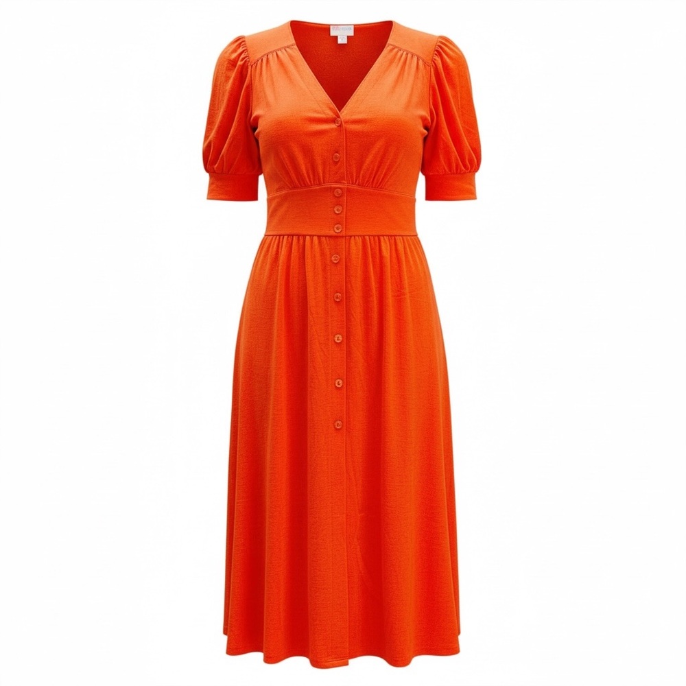 LuLaRoe SKYLER Orange / Red Midi Button Front Dress Elastic Waist Size M Gaze